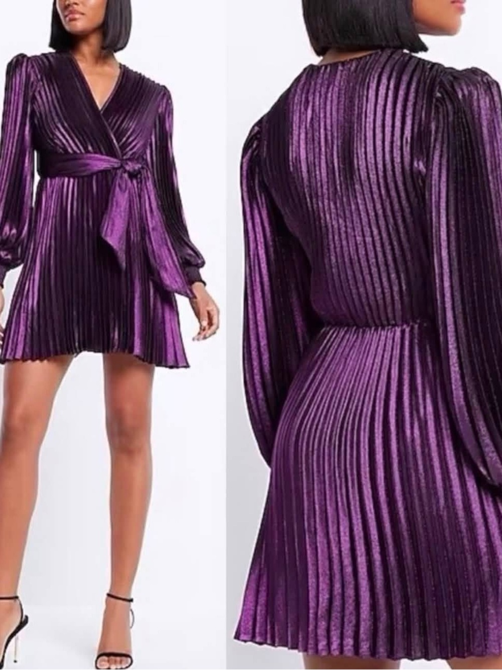Express Metallic Purple Pleated Wrap Mini Dress